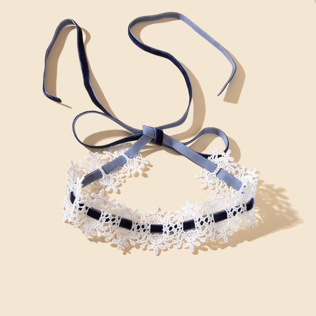 Vintage White Lace Choker Long Grey Velvet Tied Festival Party Choker Necklace