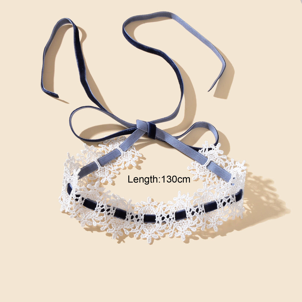Vintage White Lace Choker Long Grey Velvet Tied Festival Party Choker Necklace